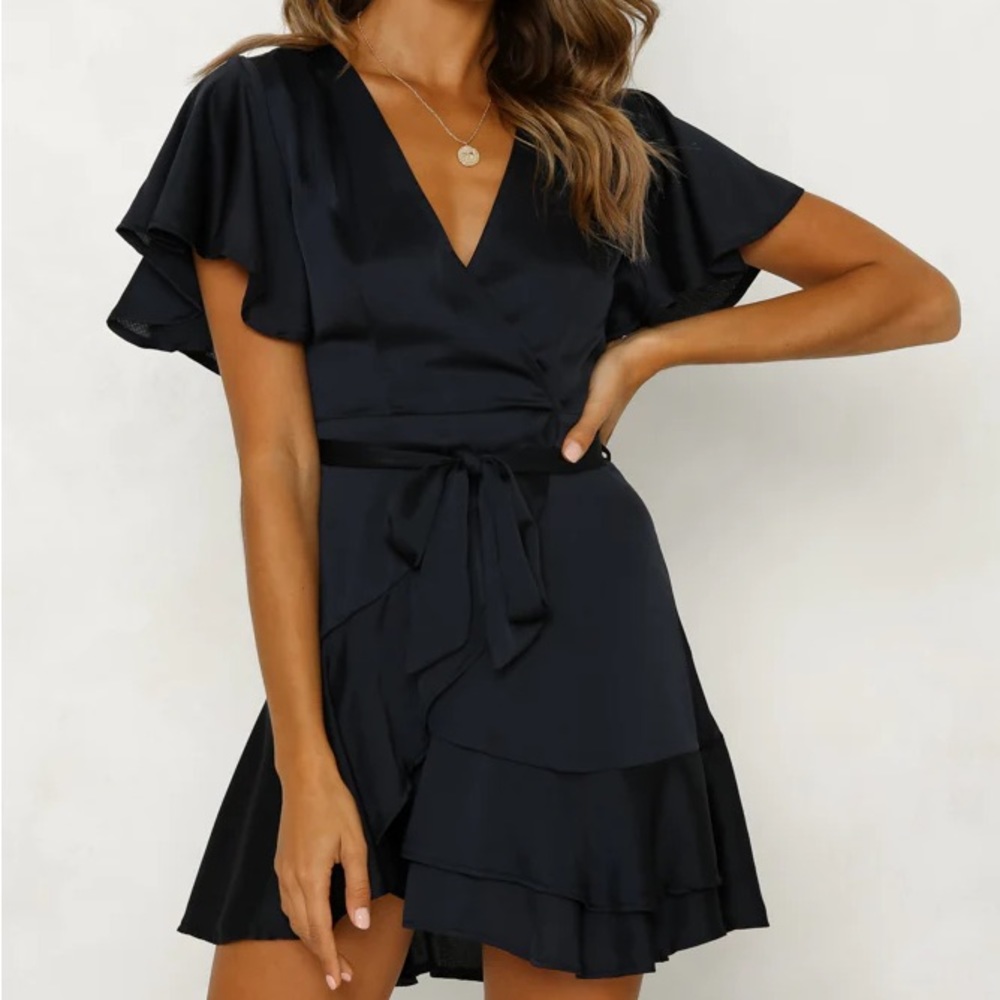 Hello Molly Black Satin Flutter Mini Dress